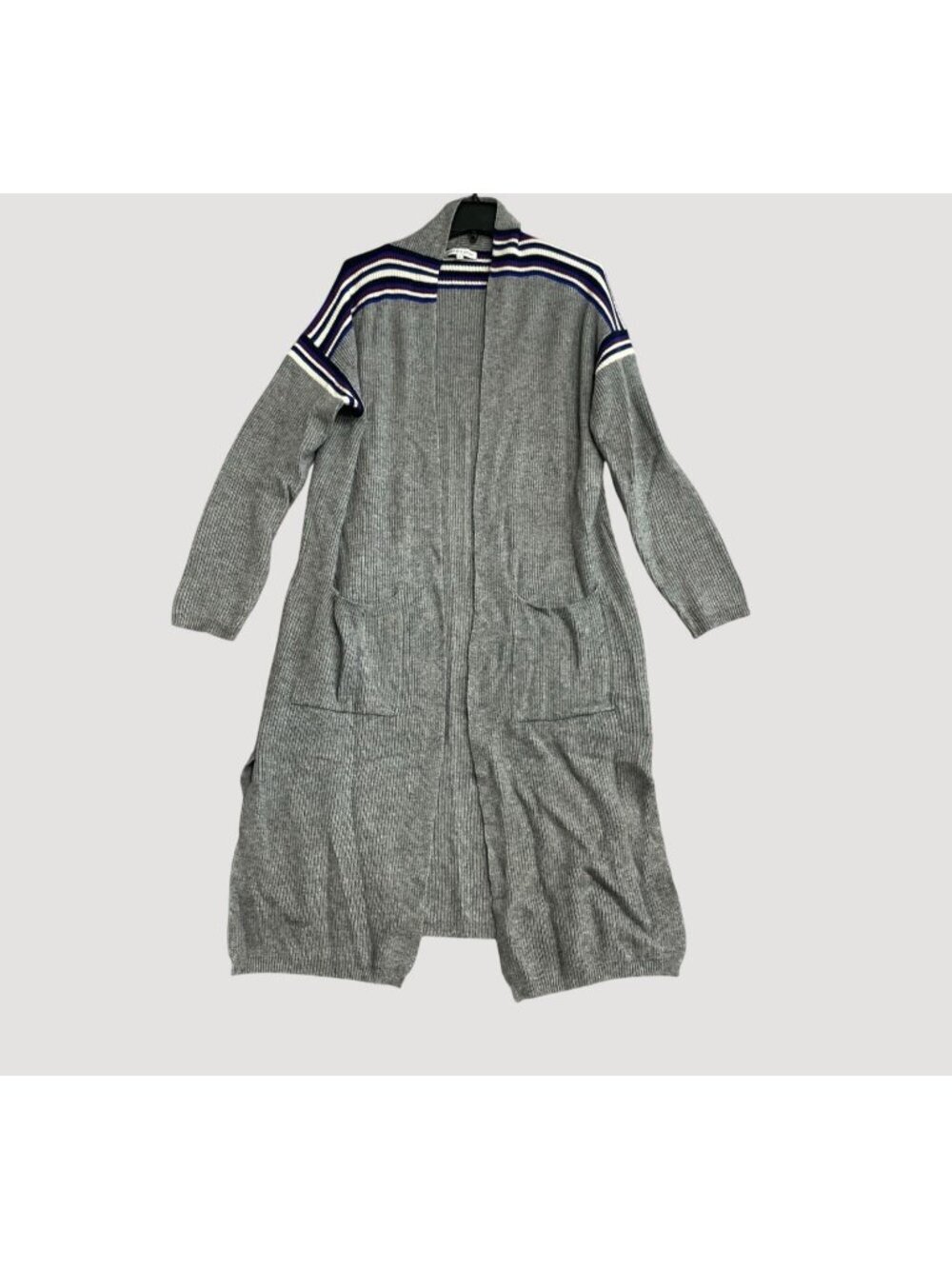 Heartloom Women's L Gray Open Front Long Cardigan Sweater Striped Shoulder P0192